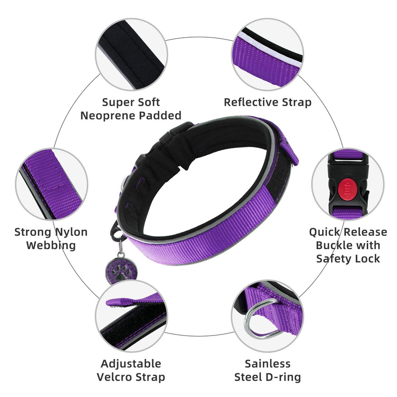 HeQiao Reflective Dog Collar with Tag, Padded Breathable Dog Collars, Soft Nylon Neoprene Super Light, Adjustable for Small Dogs-Purple S(30-37 cm) Purple - PawsPlanet Australia