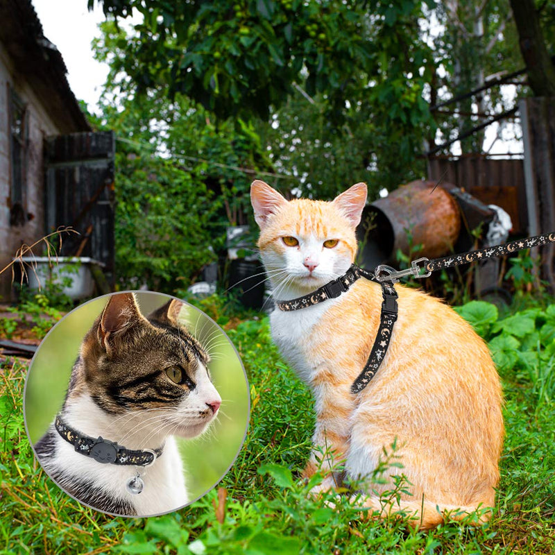 Cat Harness with Leash and Collar Set - Escape Proof Adjustable H-shped Cat Harness with Star and Moon Pattern Glow in The Dark for Kitty Outdoor Walking Black - PawsPlanet Australia
