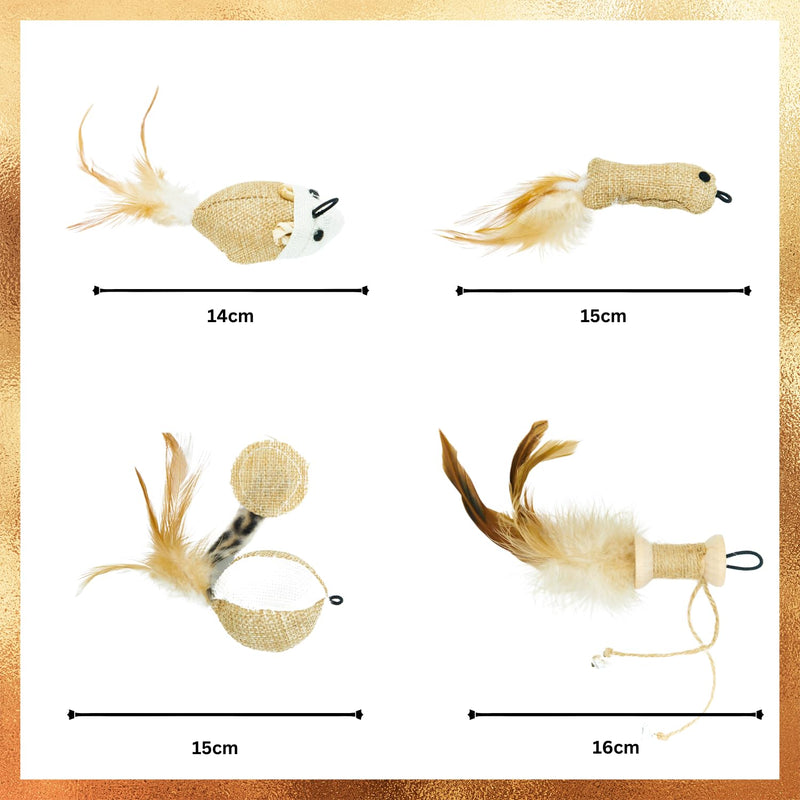 Pawfect Family® Natural Cat Toy Set: 5 Sisal Toys with Feather Charms. Suitable as a replacement for cat fishing rods. - PawsPlanet Australia