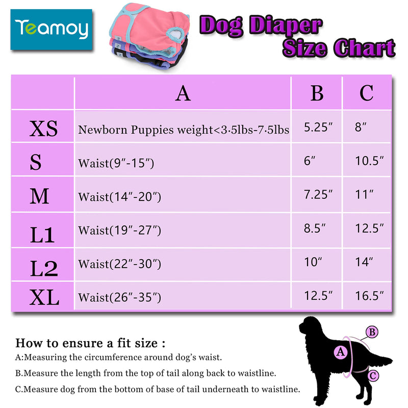 Teamoy 3Pcs Washable Female Dog Diapers, Reusable Doggie Diaper Wraps for Female Dogs, Super-Absorbent and Comfortable XS(Fit 7"-9" Waist) Black+Pink+Purple - PawsPlanet Australia