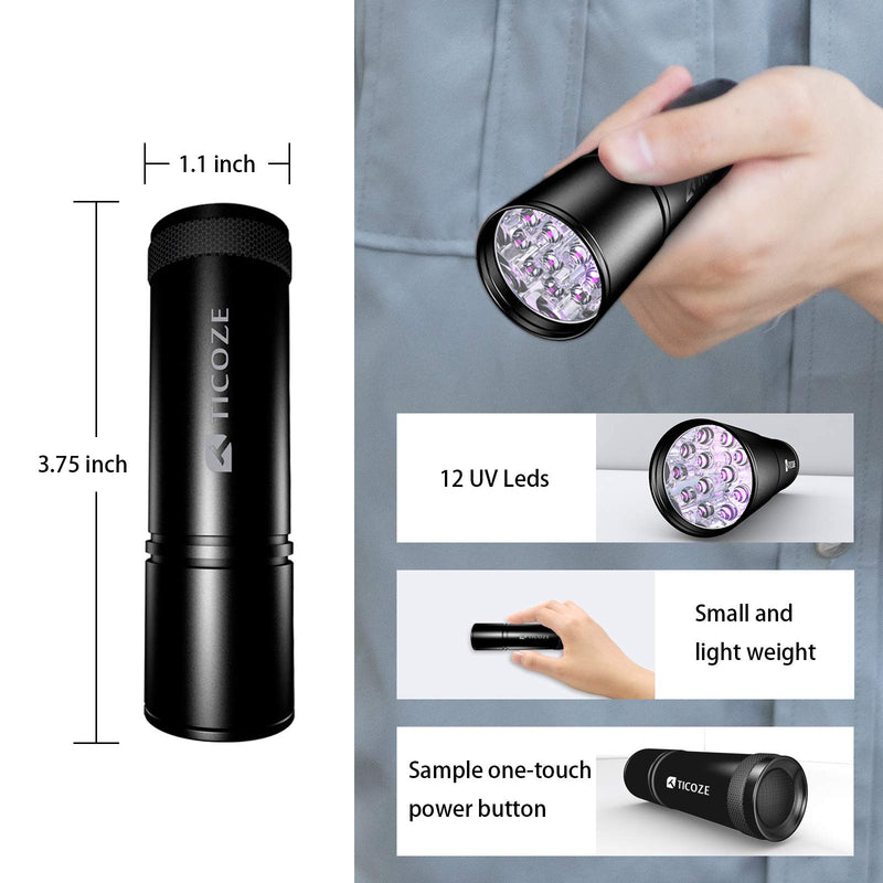 [Australia] - TICOZE UV Flashlight Black light 2 Pack 12 LEDS 395nM Blacklight Detector for Dog Urine Pet stains, Scorpion with 6 pcs AAA Batteries 