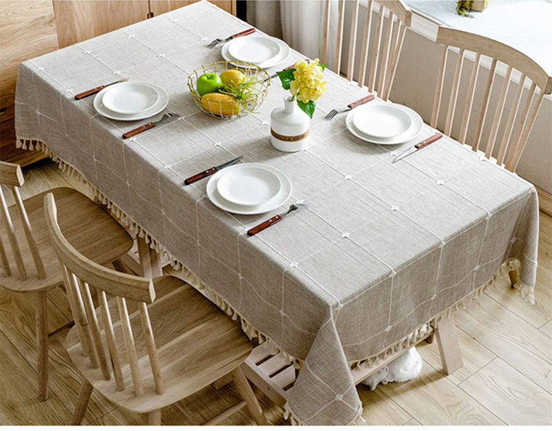 Cotton Linen Rectangular Tablecloth Tassel Plaid Table Cloth for Dining Kitchen Room Tabletop Decoration, 36" x 52" Beige 36 in x 52 in - PawsPlanet Australia