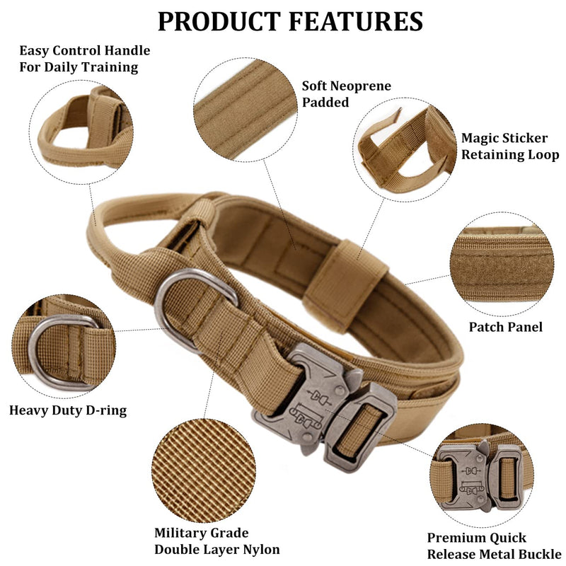 Tactical Dog Collar, Adjustable Collar with Control Handle, Soft Padded Nylon Dog Collar with Robust Metal Buckle for Medium Large Dogs M Brown - PawsPlanet Australia