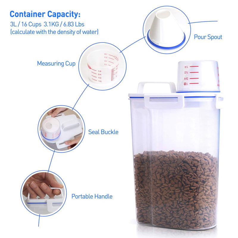 [Australia] - Kytely Airtight Pet Food Storage Container, Small Dog Food Container with Measuring Cup, Cat Food Container with Pour Spout, 4 Seal Buckles Food Dispenser for Regular Food, Dogs, Cats, Birds 