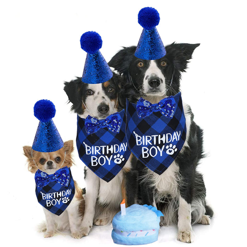 STMK Dog Birthday Party Supplies, Dog Birthday Bandana Boy with Dog Birthday Party Number Hat Bowtie Cake Squeaky Toy for Large Medium Dogs (Blue, Plaid) Blue - PawsPlanet Australia