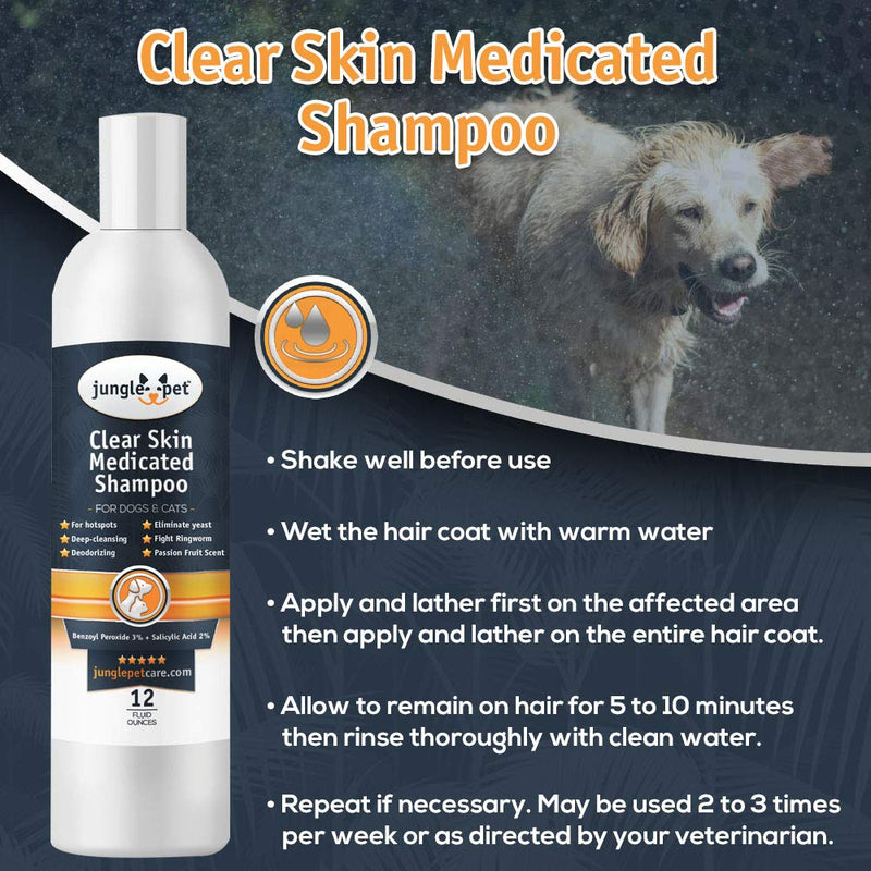 [Australia] - Jungle Pet Clear Skin Medicated Shampoo - Benzoyl Peroxide 3% - DEGREASING - Flushing -Passion Fruit Antibacterial Antifungal 12oz 