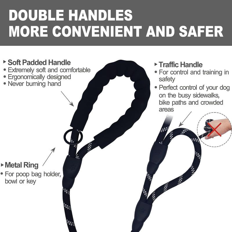 6FT Dog Leash Heavy Duty,Extra Foam Padded Two Handles,Lockable Metal Carabiner Clip,Highly Reflective Dog Leash for Safety,Dog Leashes for Medium & Large Dogs(Black) Black - PawsPlanet Australia
