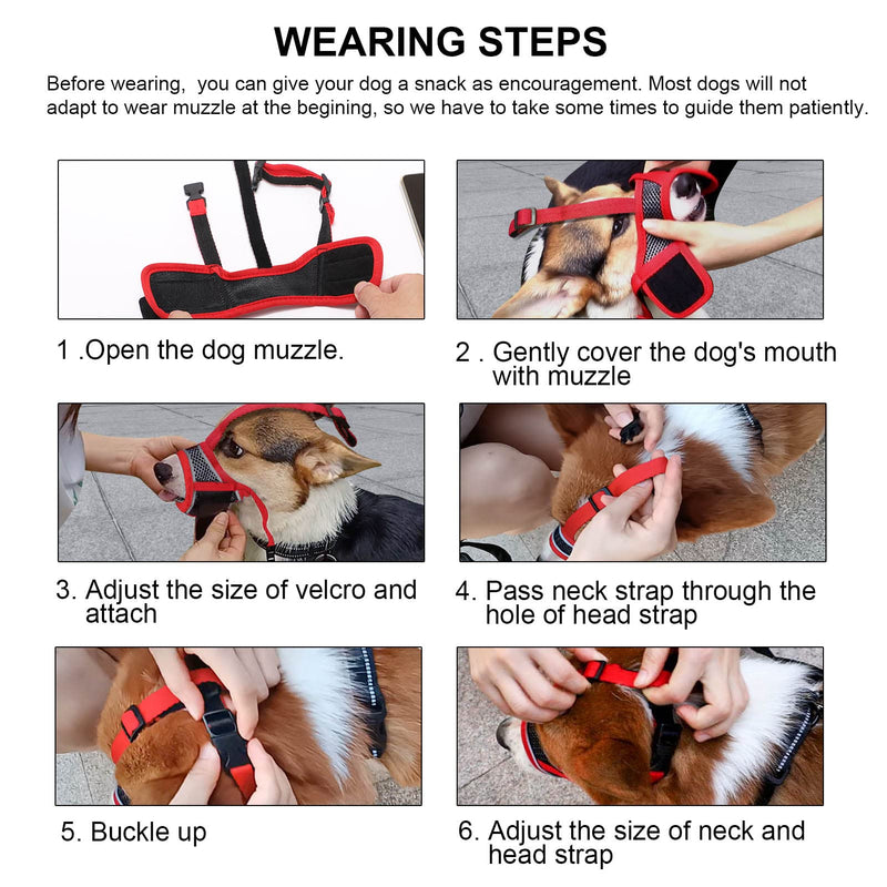 Dog Muzzle, Reflective Soft Nylon Muzzle with Strengthen Strap, Air Mesh Breathable Drinkable and Adjustable Loop Pet Muzzles,Anti Biting Barking Chewing for Small Medium Large Dogs 4 Colors XS(Snout:2.95-3.54in) RED - PawsPlanet Australia