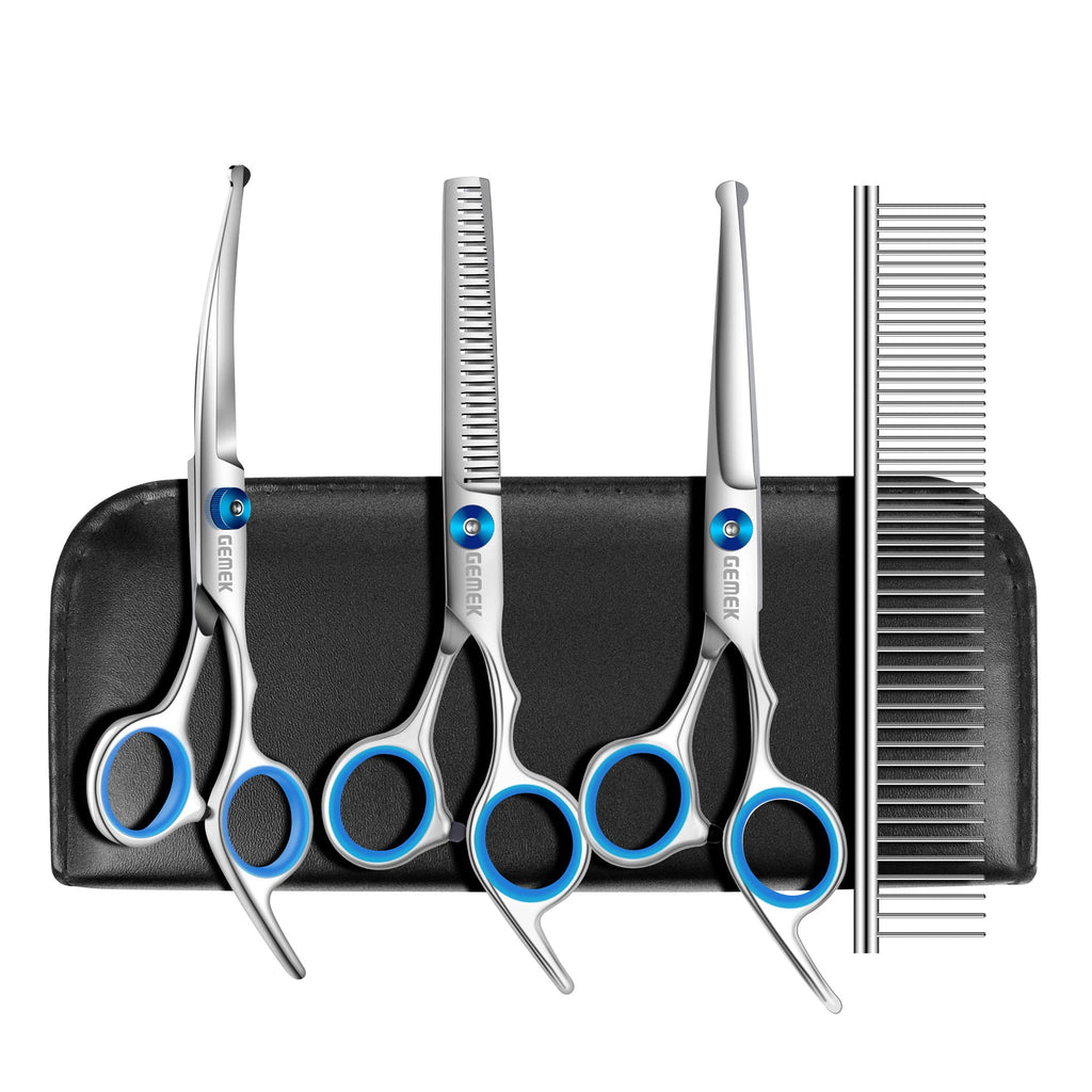 GEMEK Professional Grooming Scissors for Dogs with Safety Round Tips, Dog Grooming Scissors Set - Thinning, Straight, Curved Scissors and Comb for Long Short Hair for Dog Cat Pet (Blue-5 in 1) Blue-5 in 1 - PawsPlanet Australia