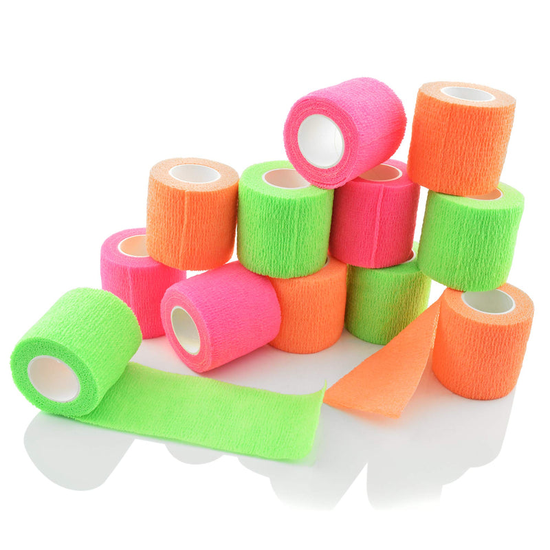 Celley 12-Pack Cohesive Bandage Wrap for Dogs, Cats, Sports, Medical First Aid, 2 Inch x 15 Feet Rolls Neon Green, Neon Pink, Neon Orange - PawsPlanet Australia