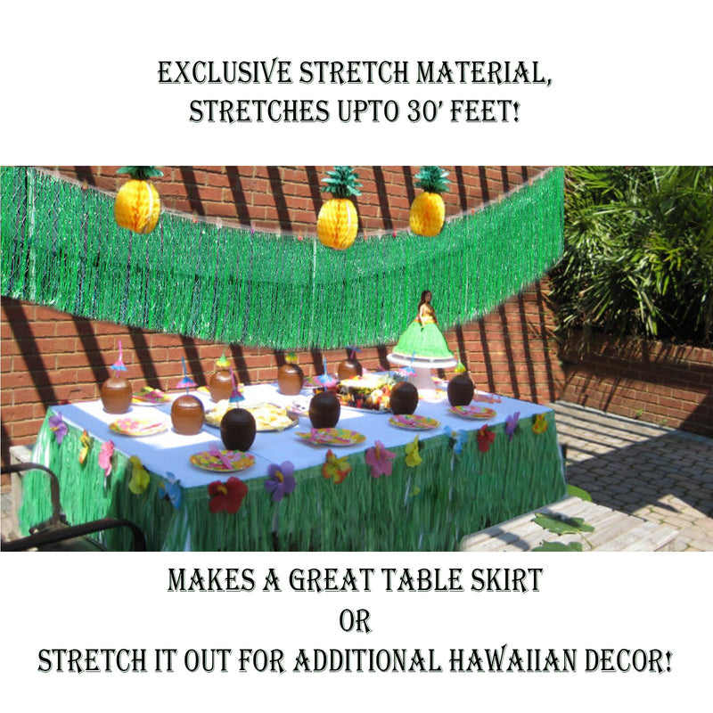 Hawaiian Table Skirt 11ft Long Stretches to 30ft! | (29" Tall) Green Hibiscus Luau Party Decoration | Tropical Theme Decor (1 Table Skirt) - PawsPlanet Australia