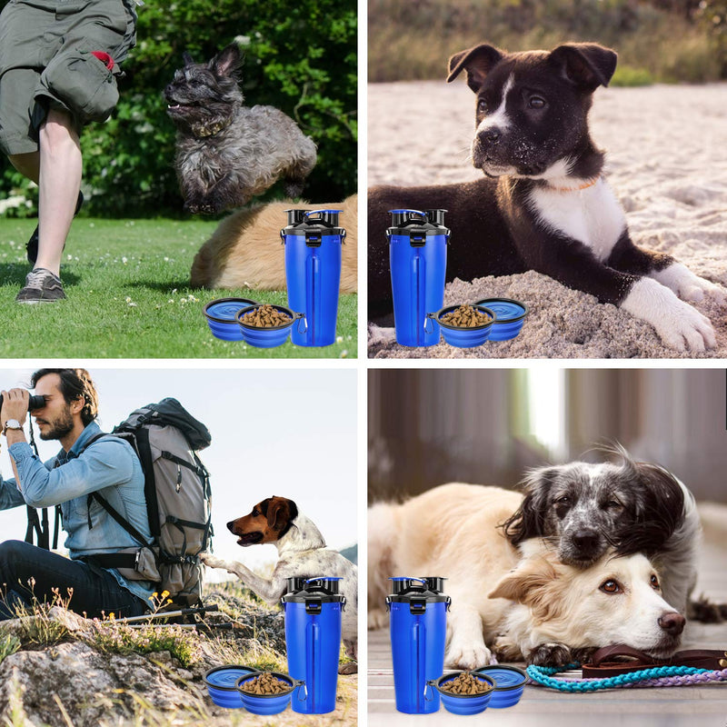 [Australia] - liangdu Pet Dogs Travel Water Bottle, 2 in 1 Portable Dog Cat Water Dispenser and Food Container with 2 Collapsible Bowls for Your Pets Walking and Traveling Blue 