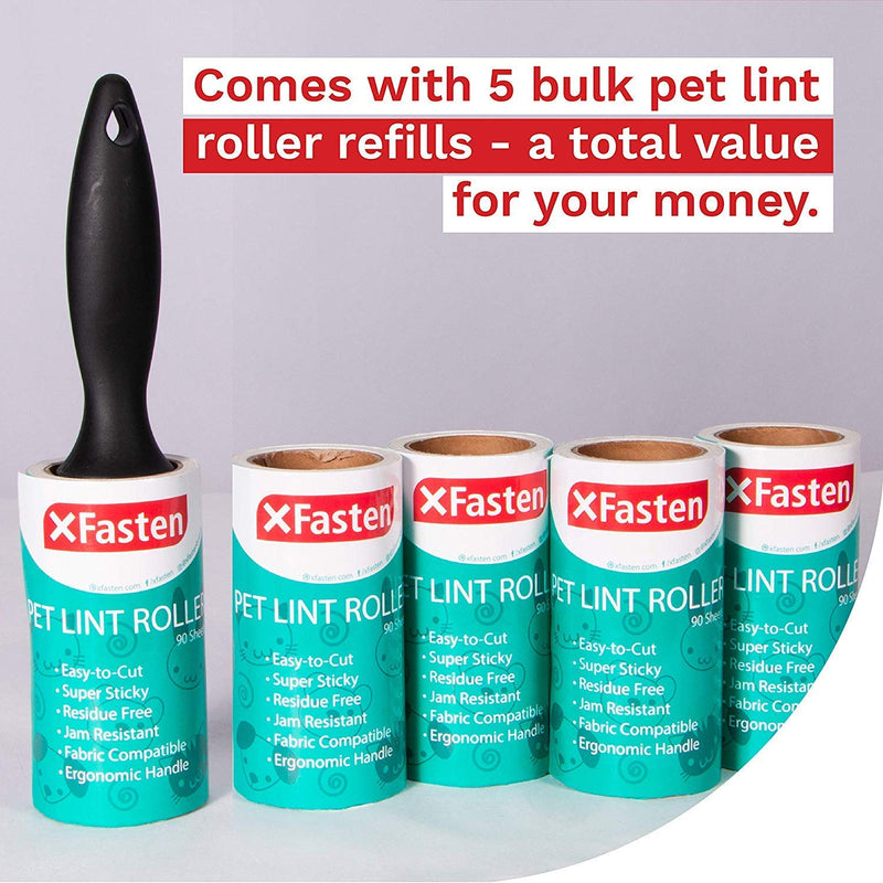 [Australia] - XFasten Pet Lint Roller; 1 Roller + 5 Refill Rolls (90 Sheets Each); Cat, Dog and Pet Hair, Fur and Lint Remover Roller Extra Sticky for Furniture, Car, Carpet and Clothes w/Roller Refill 