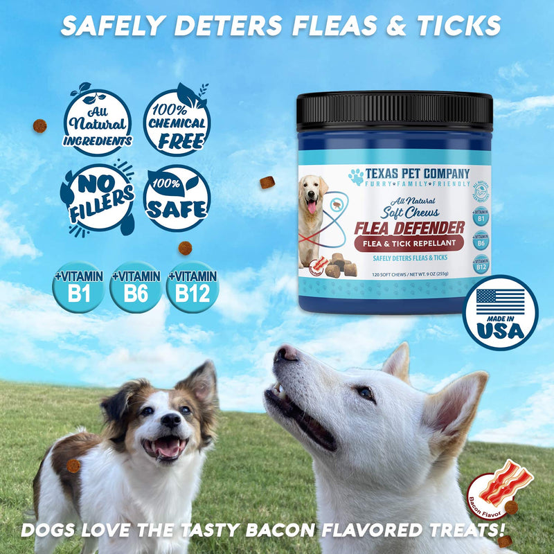 Texas Pet Company Flea Defender Flea & Tick Repellant All Natural Soft Chews, Easy to Chew for Large and Small Dogs, Natural Bacon Flavor, Made in The USA, 120 Chews, 9 Ounces / 255 Grams - PawsPlanet Australia