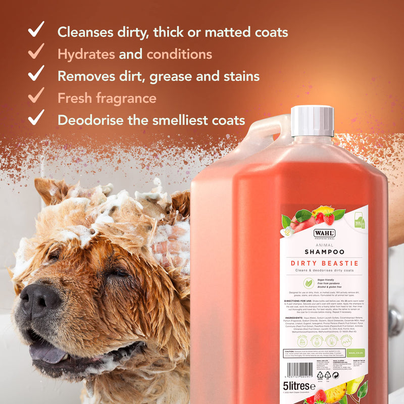 Wahl Dirty Beastie Shampoo, Dog Shampoo, Shampoo for Pets, Natural Pet Friendly Formula, For Dirty Pet Coats, Concentrate 32:1, Remove Dirt and Odours, Smelly Coat, 5 Litre - PawsPlanet Australia