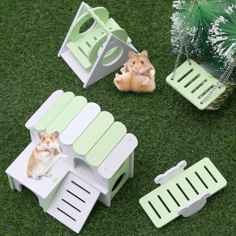 okdeals 4Pcs Lovely Hamster Play Toys Set, Wooden Hamster House, Triangle Swing Green - PawsPlanet Australia