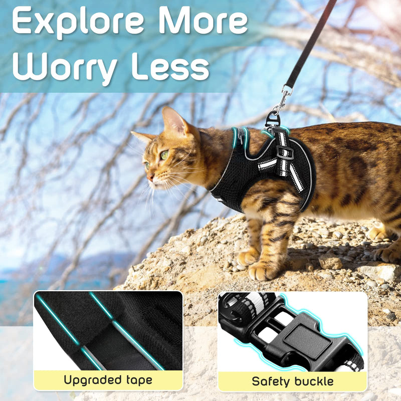 AOKCATS Cat Harness and Lead Set, Kitten Harness with Cat Lead, Cat Leash Large Cat Harness Escape Proof with Reflective Strips for Walking, Soft & Adjustable Comfort for Pet Kitten Puppy, S Black - PawsPlanet Australia