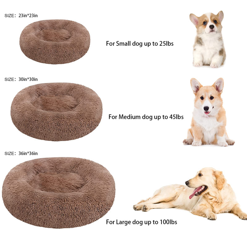 Calming Dog Bed Cat Bed Donut Cuddler, Anti Anxiety Dog Bed for Small Medium Large Dogs Cats, Machine Washable Round Warm Bed, Faux Fur Pet Bed, Waterproof Non-Slip Bottom (23"/30"/36") Small 23" x 23" Brown - PawsPlanet Australia