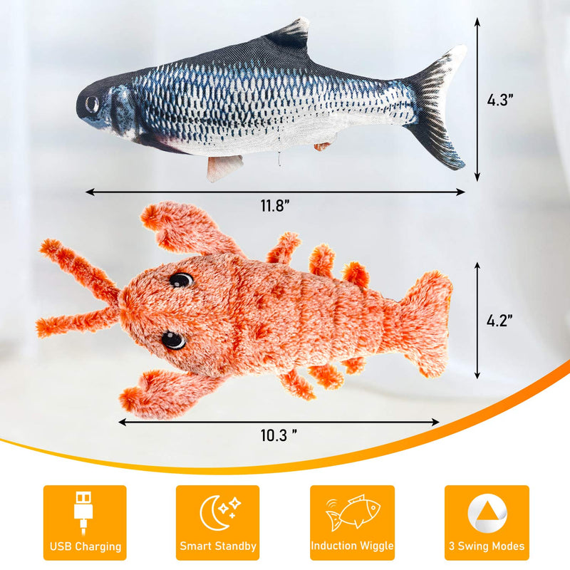 [Australia] - Yoochee 2 Pack Moving Fish & Lobster Cat Toy, Electric Flopping Oxford/Plush Cat Toy, Interactive Wiggle Catnip Toys, Realistic Fish Toy for Indoor Kitten, 500mAh Large Capacity Rechargeable Toys 