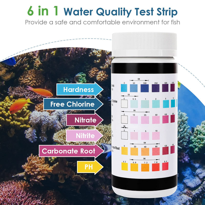 Lewondr Upgraded 6 in 1 Aquarium Test Strip, 50 Strips Test Hardness Free Chlorine Nitrate Nitrite Carbonate PH, Fish Tank Freshwater Saltwater Pond Test Kit Water Quality Fast Testing Strips - PawsPlanet Australia