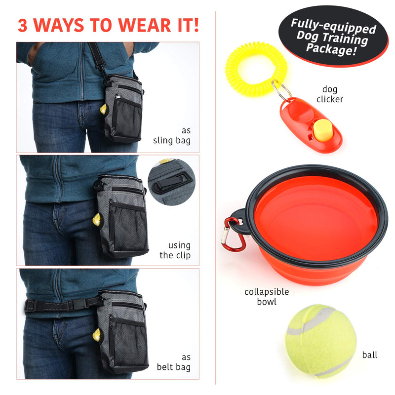 4 Pack Dog Treat Training Pouch Bag - Waterproof with Adjustable Belt & Shoulder Strap Dog Walking Travel Accessories - with Collapsible Water Bowl, Poop Dispenser Bag, Dog Clicker & a Tennis Ball! - PawsPlanet Australia