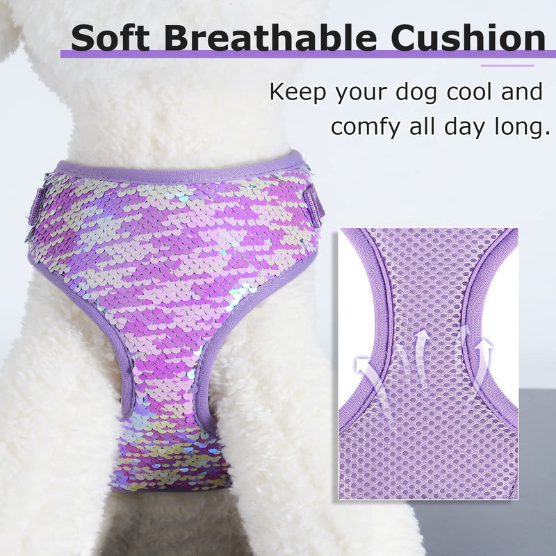 Bling Mermaid Dog Harness No Pull Breathable Puppy Cat Dog Vest Harnesses for Small Medium Large Dogs (Large(Chest:15-25"), Purple Harness and Leash) Large(Chest:15-25") - PawsPlanet Australia