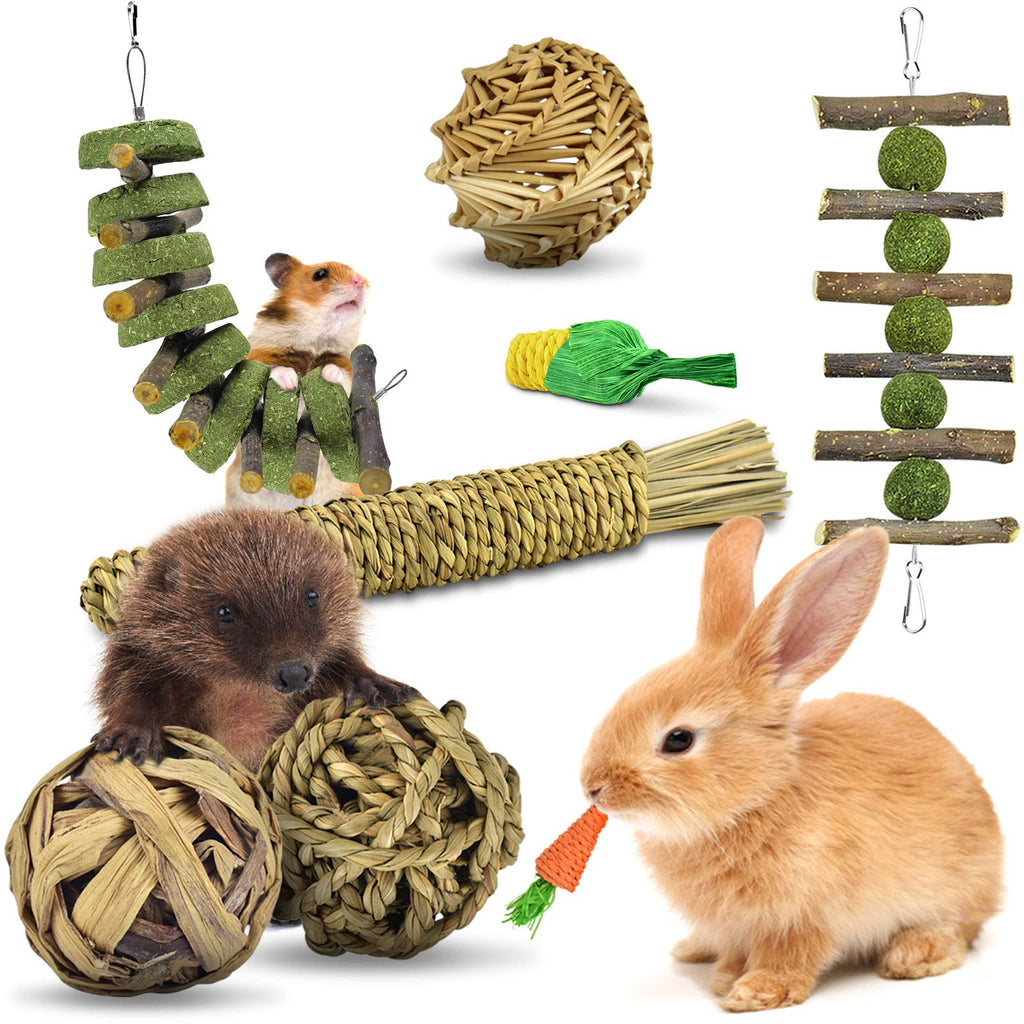 ERKOON Rabbit Toy, Small Animals Chew Toy Rabbits Natural Timothy Grass Chew Balls Nibbler Wooden Chain Grass Toy Dental Care for Bunnies Chinchilla Hamster Guinea Pigs Gerbils Green C - PawsPlanet Australia
