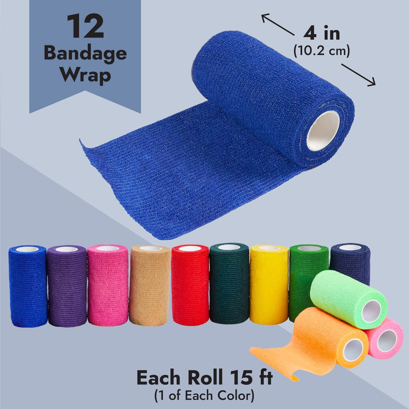 12 rolls of self-adhesive bandages, air permeable, 12 colors, 10.2 cm wide, 4.6 meters long - PawsPlanet Australia