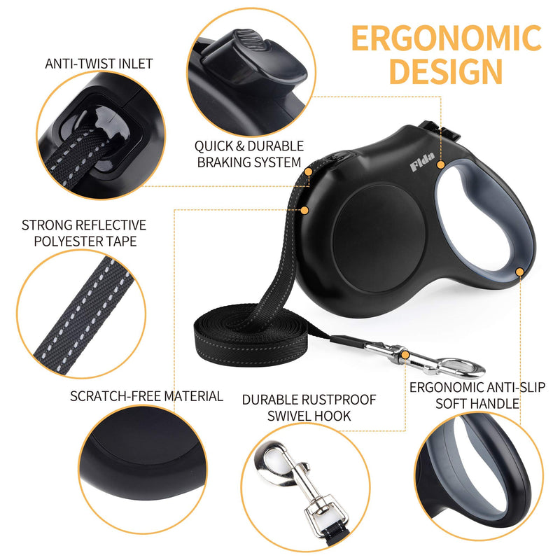 Fida Retractable Dog Leash with Dispenser and Poop Bags for X-Small/Small/Medium/Large Breed, 16 ft Heavy Duty Pet Walking Leash, Anti-Slip Soft Handle, Reflective Strong Nylon Tape, One-Handed Brake X-Small, 10ft Black - PawsPlanet Australia