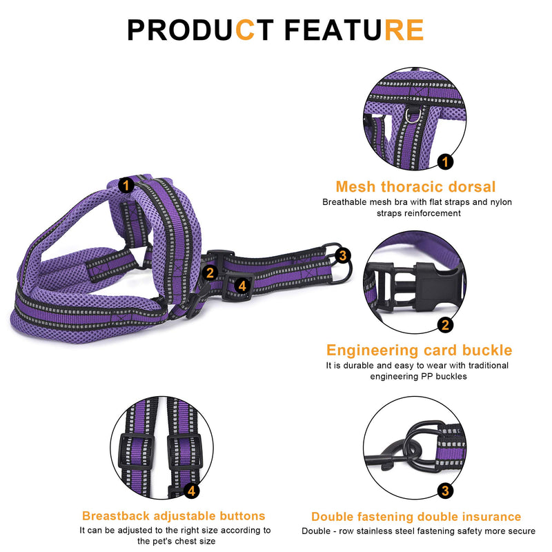 Jiu du Dog Harness with Leash,Reflective,Breathable Mesh Nylon Dogs Vest Harnesses,No Pull Adjustable Buckle Soft Padded Dogs Lead Set for Small,Medium,Large Pet,Puple S Purple - PawsPlanet Australia