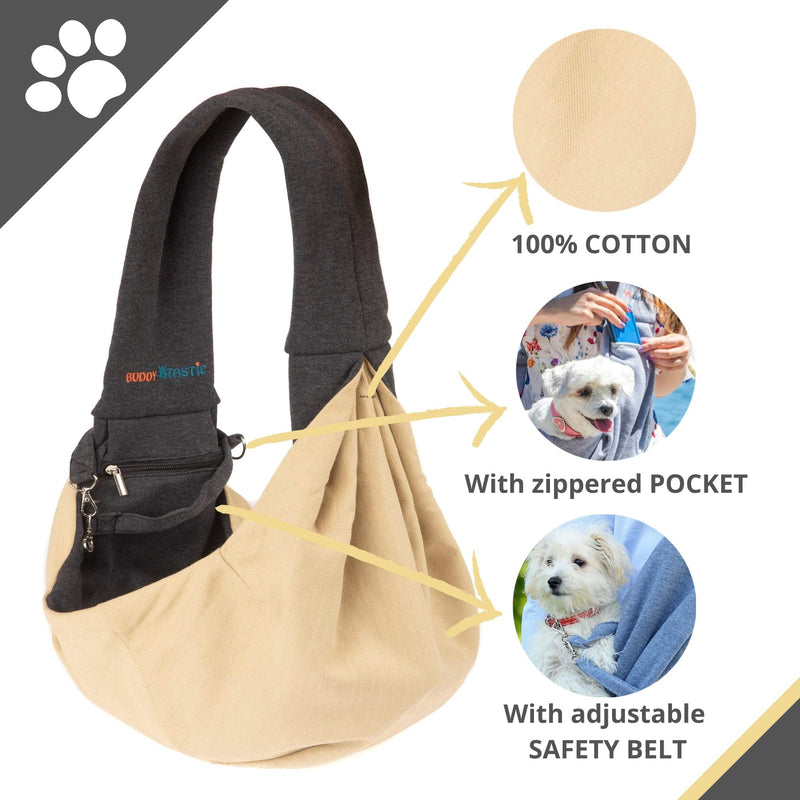 BUDDY TASTIC Pet Sling Carrier - Reversible and Hands-Free Dog Bag with Adjustable Strap and Pocket - Soft Puppy Sling for Pets up to 13 lbs Black/Beige - PawsPlanet Australia