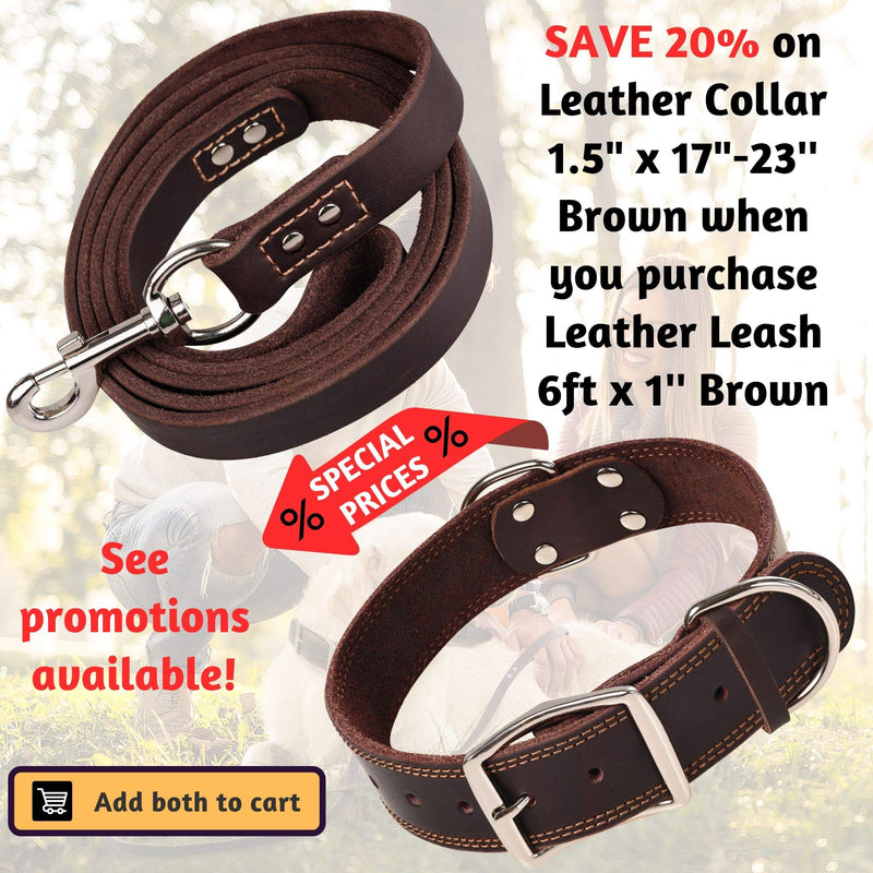 [Australia] - ADITYNA Leather Dog Collar for Small, Medium and Large Dogs - Heavy Duty Wide Dog Collars with Durable Metal Hardware & Double D-Ring - Unique Name Tag Included L: 1,5" width / 17"- 23" length Brown 
