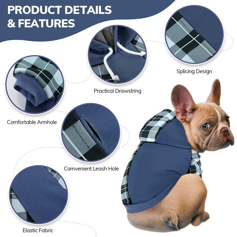 Phyxin Plaid Dog Hoodie, Pet Sweatshirt, Hooded Dog Clothes, Cat Hoodie, Sporty Pet Clothes for Small Medium Dogs Cats XX-Small Blue - PawsPlanet Australia