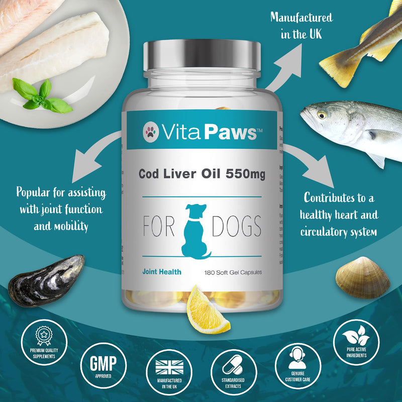 Cod Liver Oil for Dogs 550mg | 180 Soft Gel Capsules | Support The Health of The Skin and Coat | Manufactured in The UK - PawsPlanet Australia