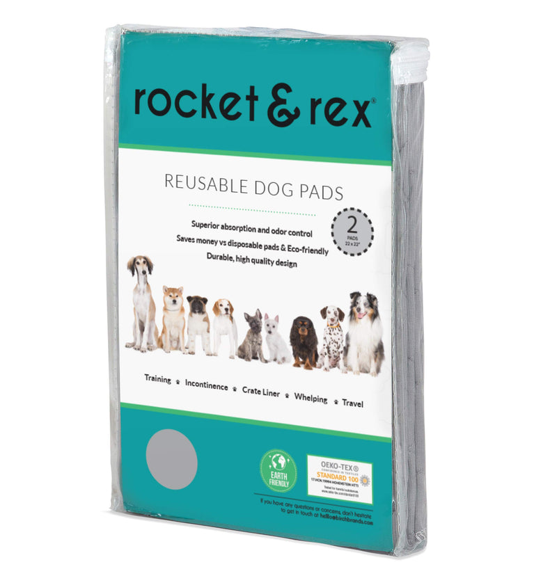 [Australia] - rocket & rex Washable Dog Pee Pads. Dog Training Pads, Waterproof, Reusable Dog Pee Pads. Leak-Proof, Absorbent Puppy Pee Pads. Whelping, Travel Pads, Dog Bowl Mat Grey (2-pack) 22 x 22" 