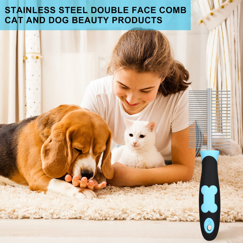 Dog Comb, Cat Comb with Double-Sided Metal Rounded Teeth, Stainless Steel Pet Grooming Comb Brush Against Fleas Undercoat, Fur Comb for Pets with Short, Medium/Long Hair (Blue) Blue - PawsPlanet Australia