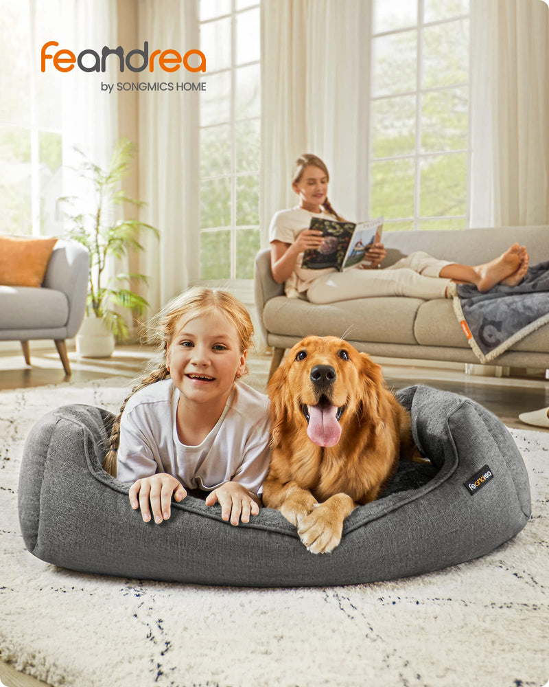 Feandrea dog bed, dog cushion in linen look, dog basket, raised edges, non-slip bottom, removable, washable cover, XL, for large dogs, 110 x 75 x 27 cm, light gray PGW12GG L 110 x W 75 x H 27 cm - PawsPlanet Australia