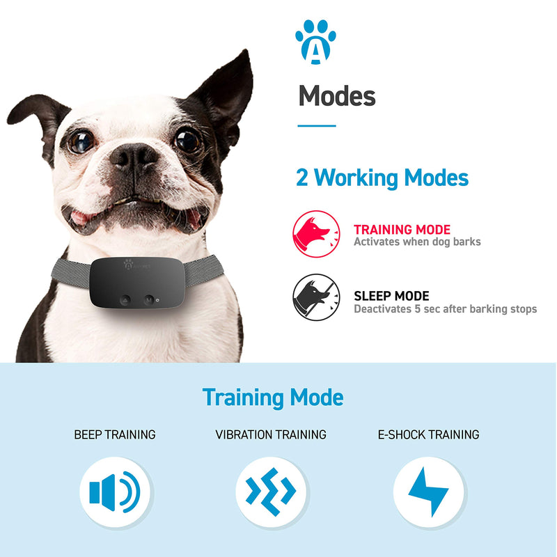 ANYPET Dog Bark Electronic Training Collar with Sound, Vibration and Static Modes, 7 Levels of Intensity Black - PawsPlanet Australia