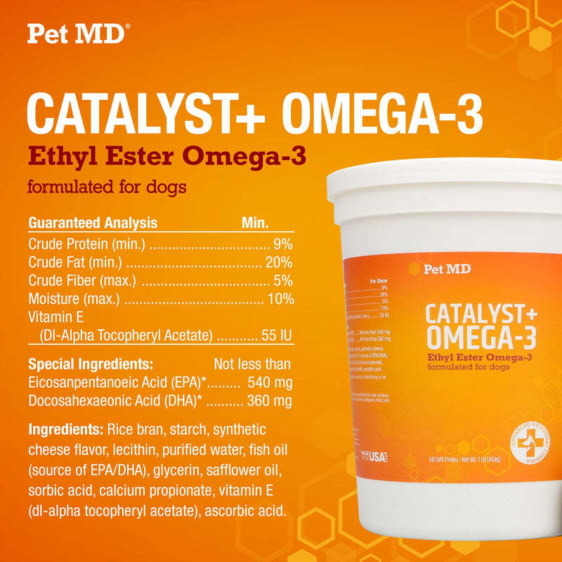 Catalyst Omega 3 Chews for Dogs - Ethyl Ester Omega 3 Fish Oil for Dogs - Dog Skin and Coat Supplement - Reduces Inflammation for Dog Itchy Skin and Dog Scratching Relief - 60 Ct. - Pet MD - PawsPlanet Australia