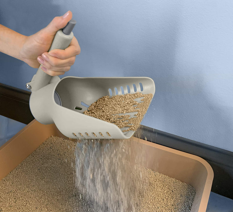 [Australia] - Duke-N-Boots Large Cat Litter Scoop, Patented Push Button Flap, Large Sifter with Deep Shovel (8" x 6" x 8") Beige/Gray 