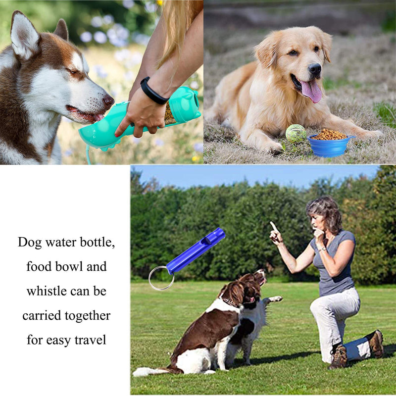 KAYUSITER Dog Water Bottle,4 IN1 Portable Pet Water Dispenser with Food Container Poop Shovel Garbage Bag for Travel Collapsible Dog Bowl and Dog Whistle S-300ML BLUE - PawsPlanet Australia