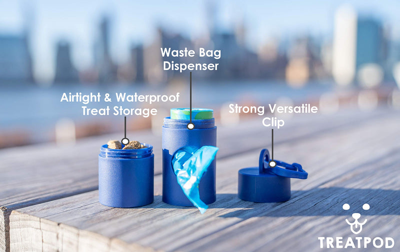 [Australia] - TreatPod Leash Treat Holder and Poop Bag Dispenser - 2 in 1 Dog Waste Bag Dispenser and Treat Container Pouch, Includes 15 Eco Friendly Extra Strength Bags Navy 