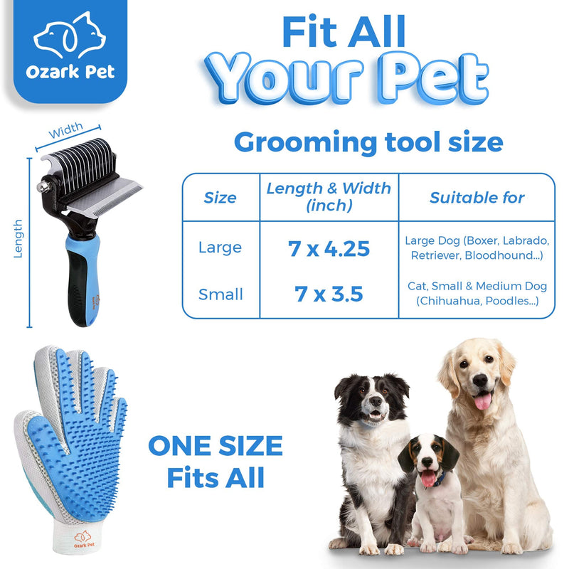 Ozark Pet Grooming Brush for Dog/Cat with 2 Sided Grooming Brush for De-Shedding, De-Matting Reduces Shedding by up to 95%, Great for Short to Long Hair Small Large Breeds and 2 Sided Grooming Glove Blue - PawsPlanet Australia