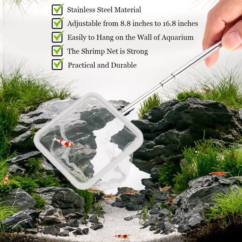 [Australia] - SunGrow Shrimp Net, Adjustable from 8.8-16.8 Inches, Professional Grade Stainless Steel Telescopic Handle, Soft Woven Fishing Net, for All Aquatic Pets 