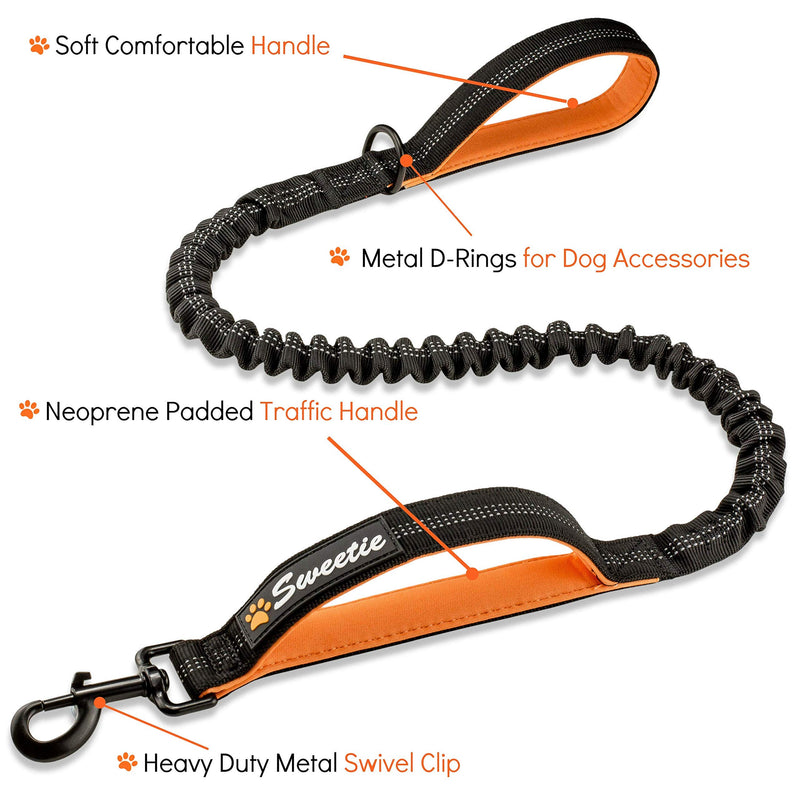 Sweetie Bungee Dog Lead - Shock Absorbing Leash that Softens Pulls & Stops – Neoprene Padded Loop & Traffic Handles for Extra Comfort - Reflective for Safer Night Walking 40"/102cm Black - PawsPlanet Australia