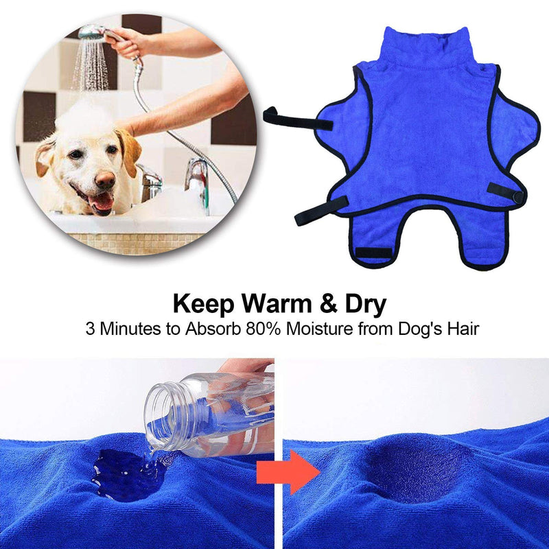 Kaka mall Soft Microfiber Pet Dog Bathrobe Robe, Super Absorbent Dog Quick Drying Coat Luxurious Towel Adjustable Medium Large X-Large Size Blue (M: 50 CM Body Length) M: Back Length 45 CM - PawsPlanet Australia