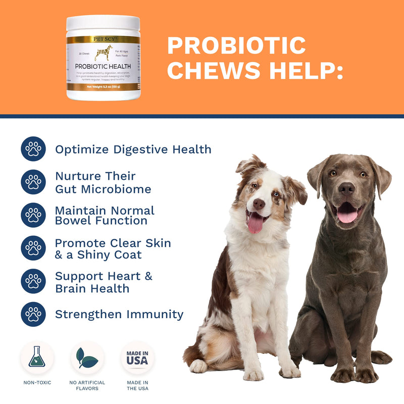 PetScy Probiotic Chews with Prebiotic Fiber and Omega 3 Fish Oil for Canine Enteric Support - Gut Health and Skin and Coat Supplement for Dogs - 30 Chews for All Ages and Breeds - Made in The USA - PawsPlanet Australia