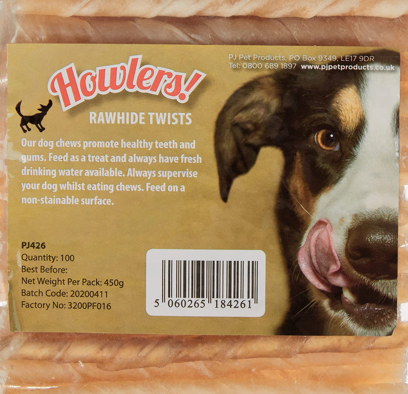 Howlers Natural Rawhide Twists, 13 cm, Pack of 100 & Natural Munchy Sticks, 12.5 cm, Pack of 100 + Natural Munchy Sticks, 12.5 cm, Pack of 100 - PawsPlanet Australia