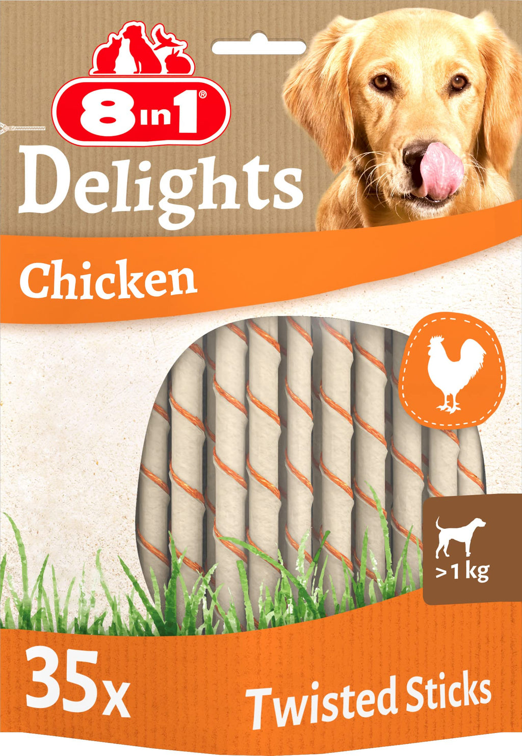 8in1 Delights Chicken Twisted Sticks - healthy chewing sticks for dogs, high-quality chicken meat wrapped in beef skin, 35 pieces (pack of 1) - PawsPlanet Australia