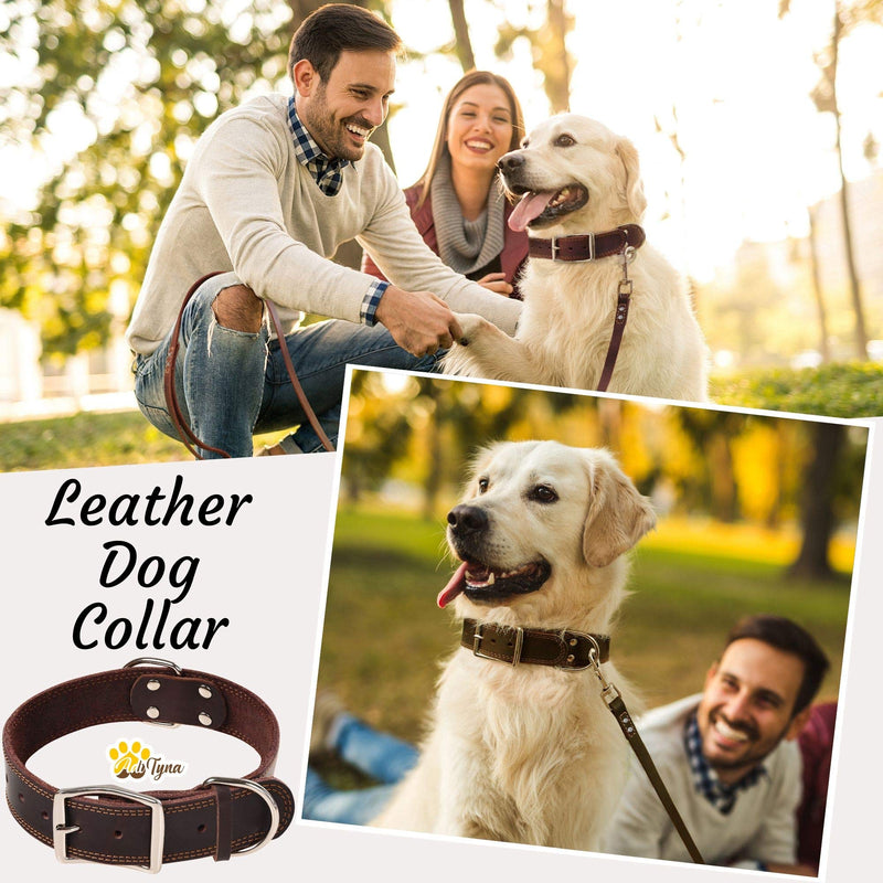 [Australia] - ADITYNA Leather Dog Collar for Small, Medium and Large Dogs - Heavy Duty Wide Dog Collars with Durable Metal Hardware & Double D-Ring - Unique Name Tag Included L: 1,5" width / 17"- 23" length Brown 